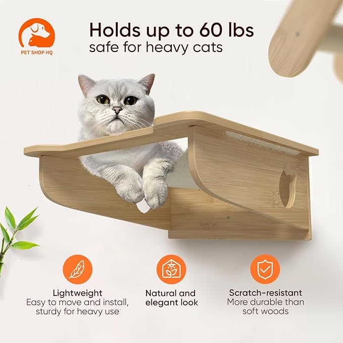Cat Wall Furniture Set - Bamboo Shelves, Ladders, Cat House, Hammock & More - Space-Saving, Easy Installation, Up to 60lbs-Mewly Pet