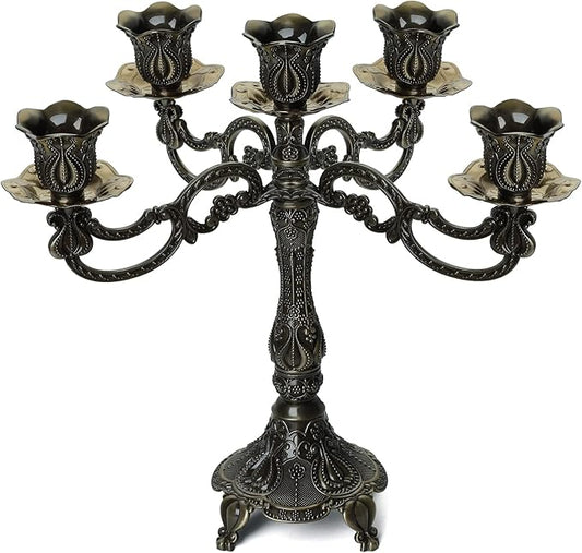 5-Candle Metal Candelabra 10.3 Inch Tall Candlestick Candle Holders for Home Decor Wedding Christmas Church Halloween Party,Bronze Tulip