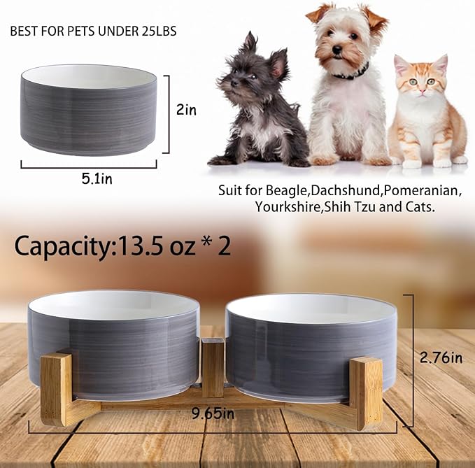 Petygooing Ceramic Cat Dog Bowl Set with Wood Stand, 13.5OZ/5.1 in, Grey White-Mewly Pet
