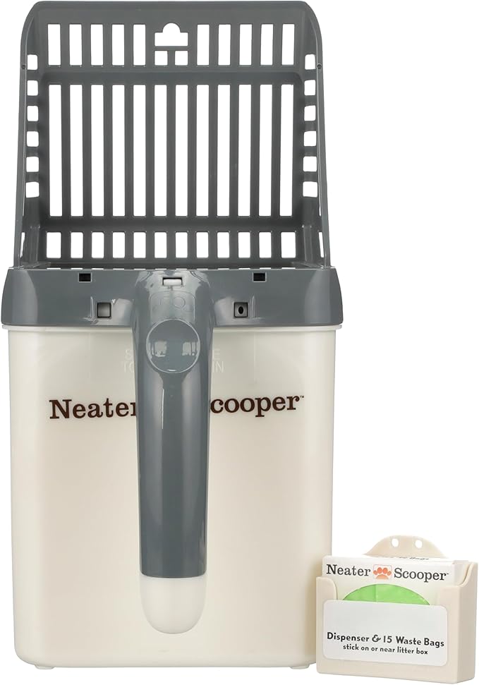 Neater Pet Brands Neater Scooper Standard Cat Litter Scoop, 15 Refill Bags – Mess-Free Cat Litter Scooper with Bag, Spill-Proof Kitty Box Sifter, Bin Doubles as Scoop Holder, For Single-Cat Households-Mewly Pet