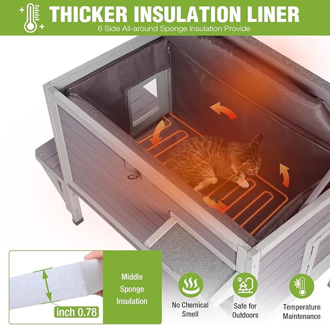 GUTINNEEN Heated Cat House Outdoor Cat House Insulated Weatherproof Feral Cat Shelter with Heated Pad and All-Round Thermal Liner for 1-3 Cats (Winter-Ready)-Mewly Pet