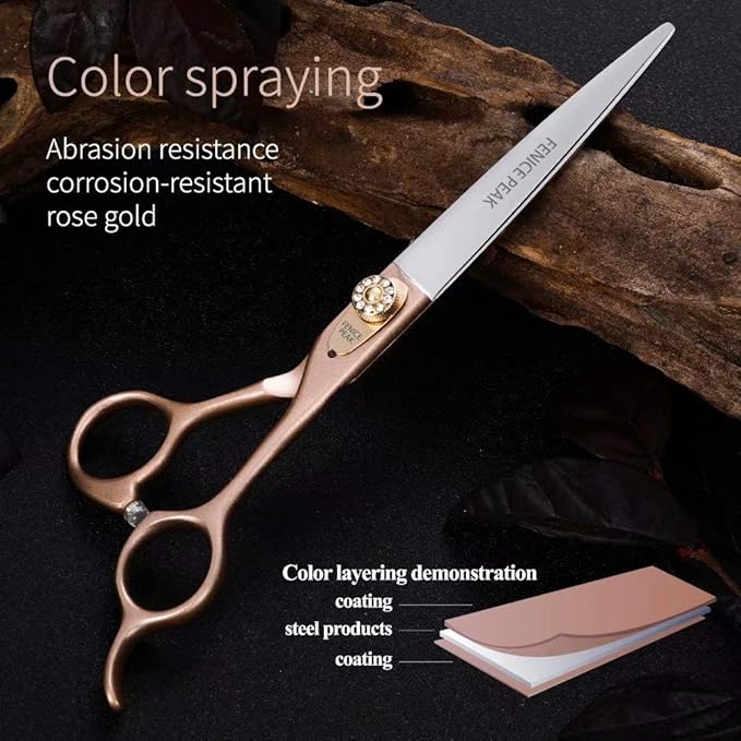 Fenice Peak 8'' Dog Straight Scissors for Grooming 440C Stainless Steel Rose Gold Professional Pet Trimming Scissors Sharp Blades Cutting for Dogs and Cats Shears-Mewly Pet