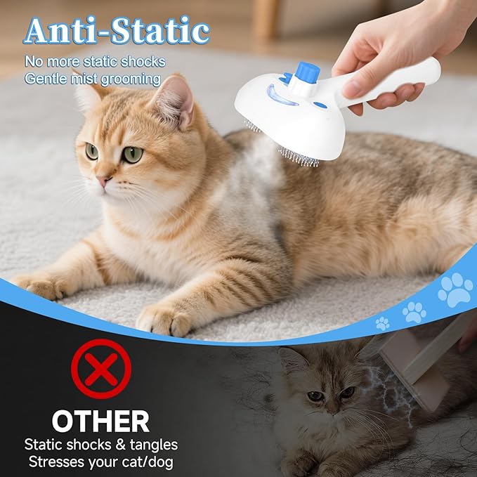 Pet Steam Brush for Dog & Cat - 3-in-1 Steam Grooming Brush for Shedding & Hair Removal - Self Cleaning Spray Comb with Mist for Long Haired Pets, Blue-Mewly Pet