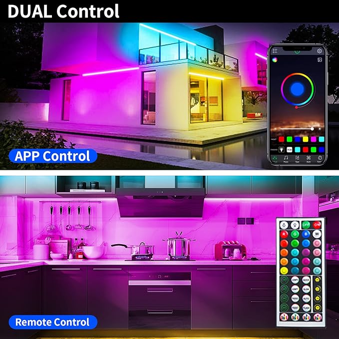 KSIPZE Led Lights for Bedroom 50ft Led Strip Lights with Remote RGB Color Changing Music Sync Bluetooth Smart App Control for Room Bedroom Lighting Flexible Home Décor