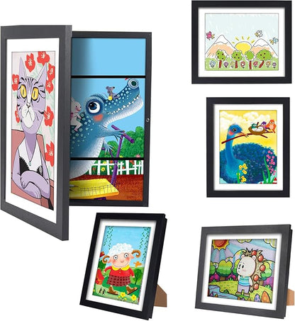 Kids Artwork Frames Changeable - Front Opening Holds 150, Children Art Projects, 10x12.5 Picture Frame for Display, With Storage (Black)