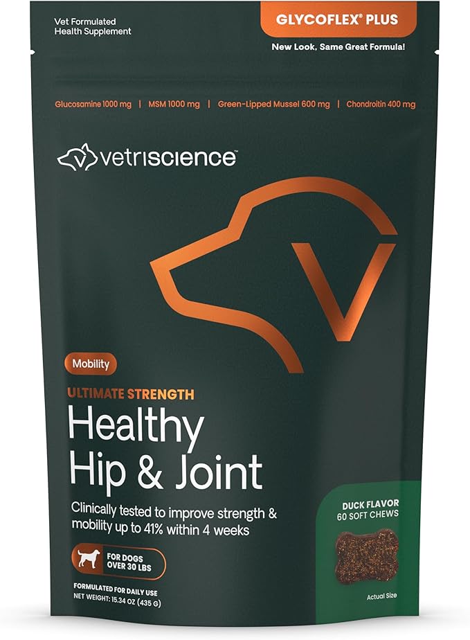 VetriScience Ultimate Strength Healthy Hip & Joint Chews, GlycoFlex Glucosamine, Chondroitin and Green-Lipped Mussel Joint Support Supplement for Dogs, Soothe Joint Discomfort, Duck, 60 Count-Mewly Pet