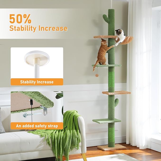 PAWZ Road Cat Tree, Cactus Floor to Ceiling Cat Tower with Adjustable Height(95-108 Inches), 5 Level Cat Climbing Tower with Cozy Hammock, Platforms and Dangling Balls for Indoor Cats-Mewly Pet