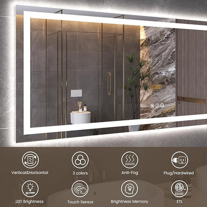 60"X30" LED Bathroom Mirror with Front Lights and Backlit, Anti-Fog, Dimmable, Shatter-Proof Tempered Glass, Lighted Bathroom Vanity Mirror for Wall with 3 Colors, Memory Function