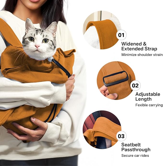 [Cozy Travel] Cat Carrier Pouch, Soft Sided Cat Sling Bag for Small Medium Cats, Carrying Sack, Restraint for Nail Trimming, Grooming,Caramel Small Upgrade-Mewly Pet