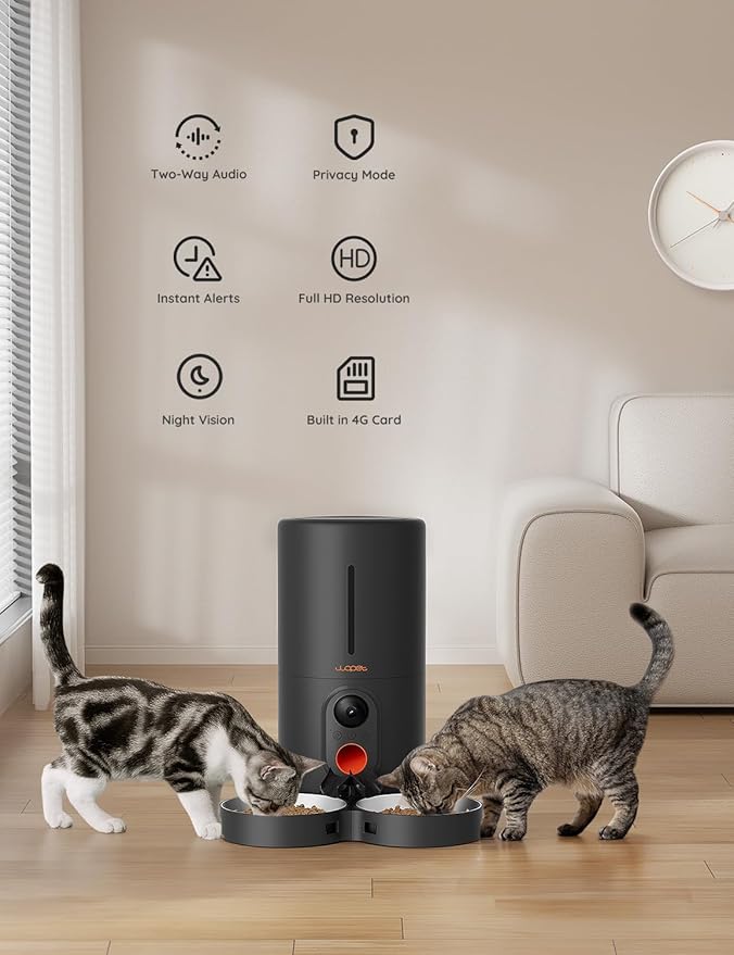 WOPET Automatic Cat Feeder with Camera for Two Cats, 6L Automatic Dog Feeder with HD Video and Night Vision, 5G/2.4G WiFi Pet Feeder for Cats & Dogs, SD Card Storage & 2-Way Audio-Mewly Pet