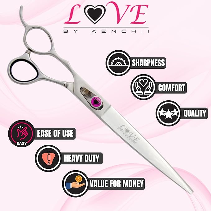 Kenchii Love Left Handed Dog Grooming Scissors, 8 Inch Straight Shears, Dog Scissors for Grooming, Professional Pet Grooming Scissors, Ergonomic & Comfortable-Mewly Pet