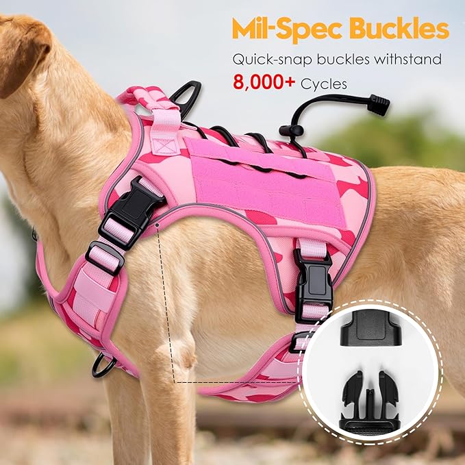 Heavy-Duty Tactical Dog Harness for Large Dogs, No Pull Adjustable Reflective Pet Vest with Molle System, K9 Military-Grade Control for Service Training, Outdoor & 10+ Breeds, Pink Camo, X-Large-Mewly Pet