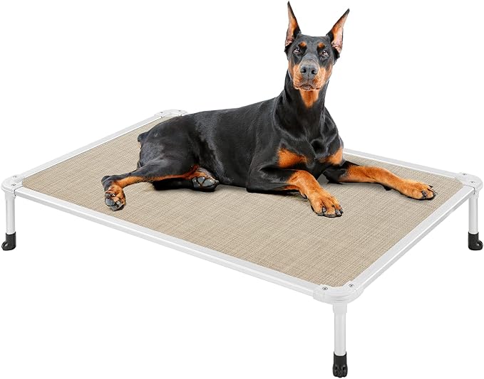Veehoo Chew Proof Elevated Dog Bed - Cooling Raised Pet Cot - Silver Aluminum Frame and Durable Textilene Mesh Fabric, Unique Designed No-Slip Feet for Indoor or Outdoor Use, Beige Coffee, X Large-Mewly Pet