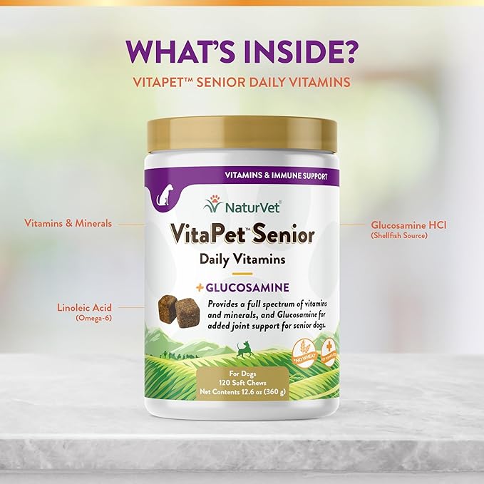 NaturVet VitaPet Senior Daily Vitamin Dog Supplements Plus Glucosamine – Includes Full-Spectrum Vitamins, Minerals – Joint Support for Older, Active Dogs – 120 Ct. Soft Chews-Mewly Pet