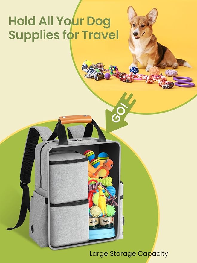 Dog Travel Bag, 25L Airline Approved Dog Travel Backpack for Pet Travel Accessories with 2 Food Storage Containers, 2 Foldable Bowls for Short Trips, Grey-Mewly Pet