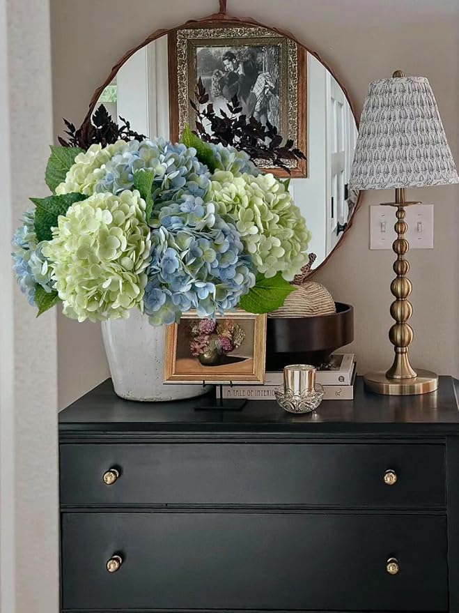 YalzoneMet 4Pcs Light Blue-Green Real Touch Hydrangea Artificial Flowers 21'' Faux Latex Hydrangea Flowers for Wedding Table Centerpieces Fake Flowers for Party Home Kitchen Living Room Decor