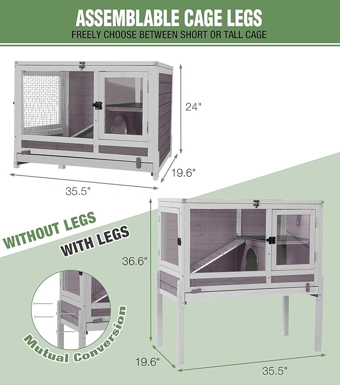 GUTINNEEN Guinea Pig Cage Rabbit Cage Indoor with Chew-Proof Edges, Clean Deep Tray, Leakproof PVC Layer, Small Animals Cage with Adjustable Legs - Grey-Mewly Pet