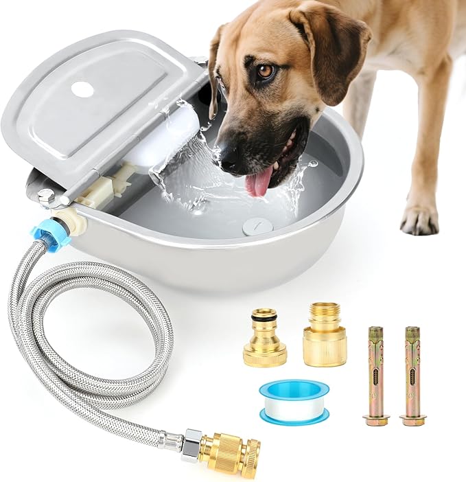 FHTONGE 304 Stainless Steel Automatic Water Dispenser with Drainage for Outdoor Big Dog, Large Auto Fill Dog Waterer Float Valves for Livestock Poultry Horse Cow Goat Pig Chicken Duck Rabbit Drinking-Mewly Pet