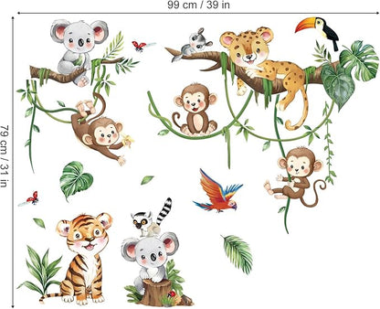 decalmile Jungle Animal Tree Branch Wall Decals Safari Animal Monkey Koala Wall Stickers Baby Nursery Kids Bedroom Living Room Wall Decor