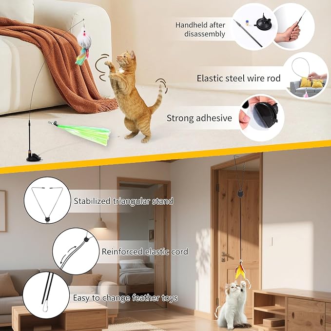 4-in-1 Interactive Cat Feather Toys with Durable Retractable Fishing Pole, Enhanced Suction Cup Toy, Door Hanging Teaser Toy and 11 Attachments Replacements for Bored Indoor Adult Cats-Mewly Pet