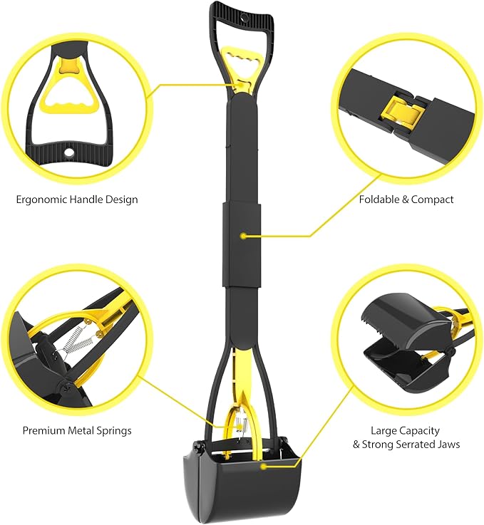 28" Heavy Duty Dog Pooper Scooper for Large Dogs, Extra Long Handle Foldable Poop Pick Up Tool with Durable Spring, Great for Yard, Lawns, Grass, Dirt, Gravel-Mewly Pet