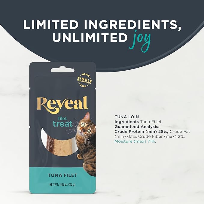 Reveal Natural Whole Protein Fillet Cat Treats, Single Ingredient, Grain Free, High Protein Treats for Cats, for Training, Treating, or Snacking, Whole Tuna Loin (12 x 1.06 oz Loin)-Mewly Pet