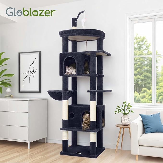 Globlazer Large Cat Tree Tower, Tall Cat Tree Condos for Indoor Cats Large Adult Cat Climbing Tower with 2 Spacious Caves, Oversized Top Perch, Big Hanging Basket, Cat Teaser Wand, F74B, Dark Grey-Mewly Pet