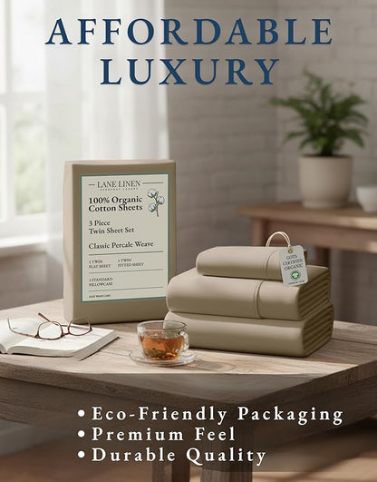 LANE LINEN 100% Organic Cotton Sheets Set Pure Long- Staple Percale Weave - Bedding for Bed Fits Mattress Upto 15in Deep Pocket (Twin Taupe)