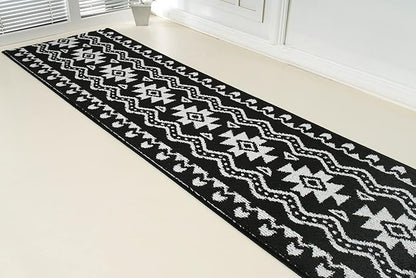 Custom Length Cut to Size Tribal Ethnic Southwestern Inspired Hallway Runner Rug, Non Slip Rubber Backed, 31 inch Wide X Customized Length, Aztec Black, 31 inch X 33 feet