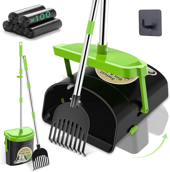 UPSKY Dog Pooper Scooper Swivel Bin & Rake Kit with 100 Waste Bags,33.4" Stainless Steel Long Handle Heavy Duty Pet Poop Shovel for Large Medium Small Dogs, Odor-Proof Lid for Yard/Lawn/Outdoor Use-Mewly Pet