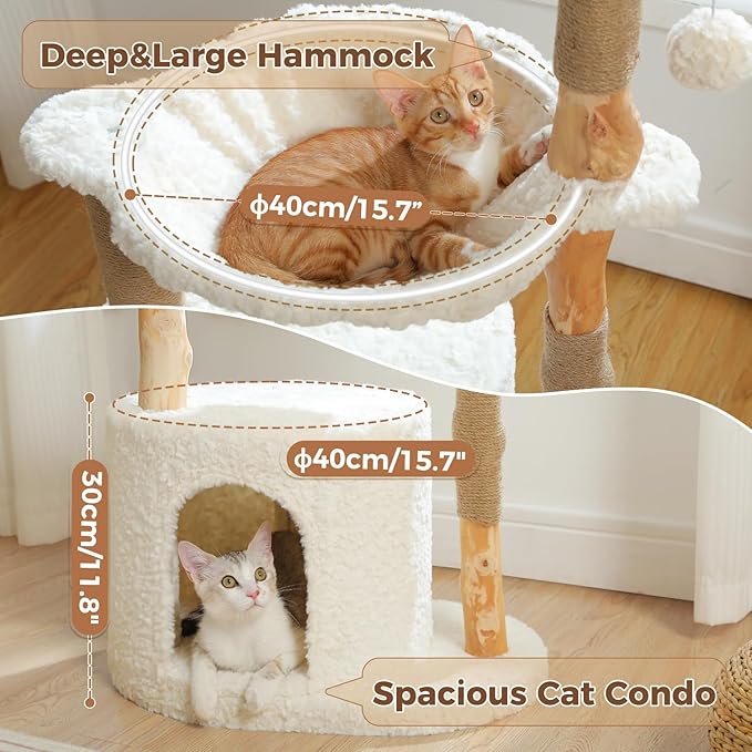 PAWZ Road Modern Cat Tree with Natural Solid Wood Scratching Post, 40 Inches Cat Tower with Spacious Wicker Basket,Large Hammock,Luxury Condo for Indoor Cats-Mewly Pet
