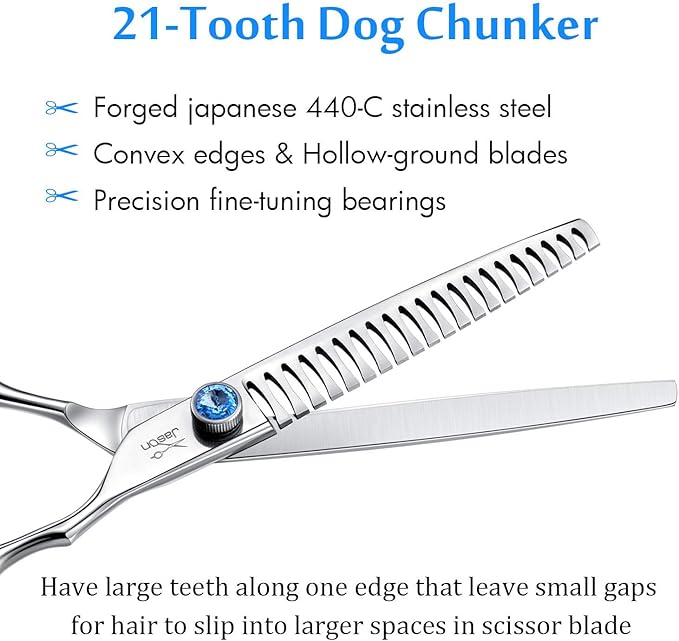 JASON 7 Inch 21-Teeth Chunkers Shears for Dogs, Ergonomic Cats Grooming Texturizing Blending Thinning Shears Pets Trimming Kit with Offset Handle, Sharp, Comfortable Shear-Mewly Pet