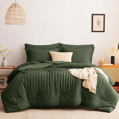 CozyLux Queen Comforter Set Olive Green Seersucker 7 Pieces Bed in a Bag Queen Comforter Set with Sheets Luxury Soft Bedding Set with Down Alternative Comforter, Sheets, Pillowcases & Shams All Season