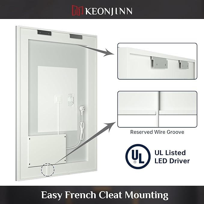 Keonjinn 55 x 36 Inch Bathroom LED Mirror, Oversized Lighted Bathroom Mirror, UL Listed LED Driver, HD Tempered Glass, Easy Installation, Anti-Fog, Memory Dimmable 6000K, CRI 90+(Horizontal/Vertical)