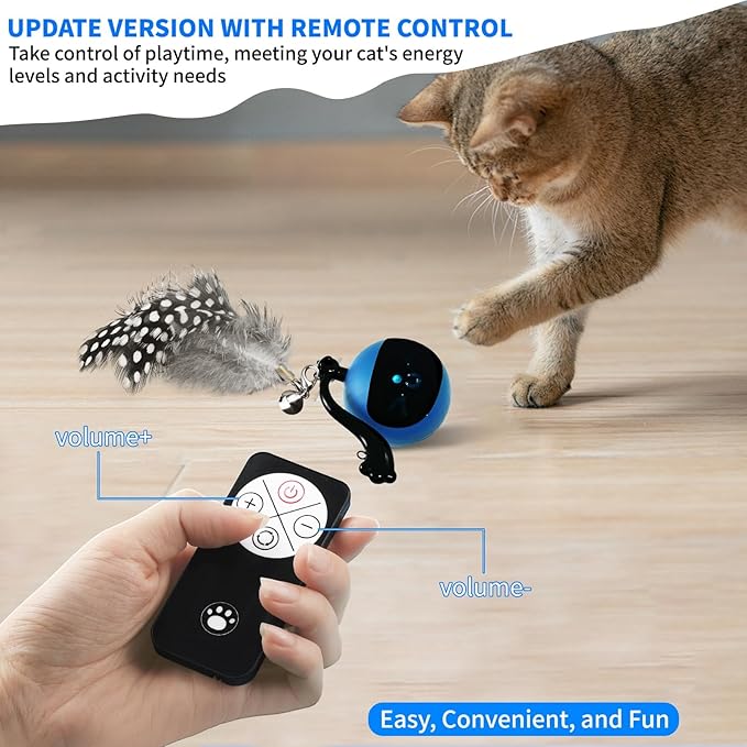 Interactive Cat Toy Ball with Remote Control, Automatic Moving & Rolling Cat Feather Toy, USB Rechargeable, Motion Activated Remote Control Cat Toy for Indoor Cats (Blue)-Mewly Pet
