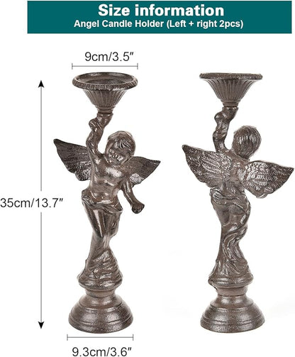 Sungmor Set of 2 Cast Iron Angel Candle Holders, 13.7" Tall Heavy-duty Solid Cherub Candlestick Holders, Vintage EU Style Statue Pillar Column Candle Stands for Wall Shelf Table Center Fireplace Decor