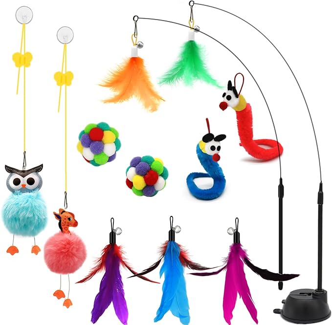 4-in-1 Interactive Cat Toys Set with Suction Cup Wand, Hanging Cat Toys, Fishing Pole Cat Wand & Kitten Balls- Includes Variety Replaceable Worms, Feathers for Indoor Bored Cats for Exercise-Mewly Pet