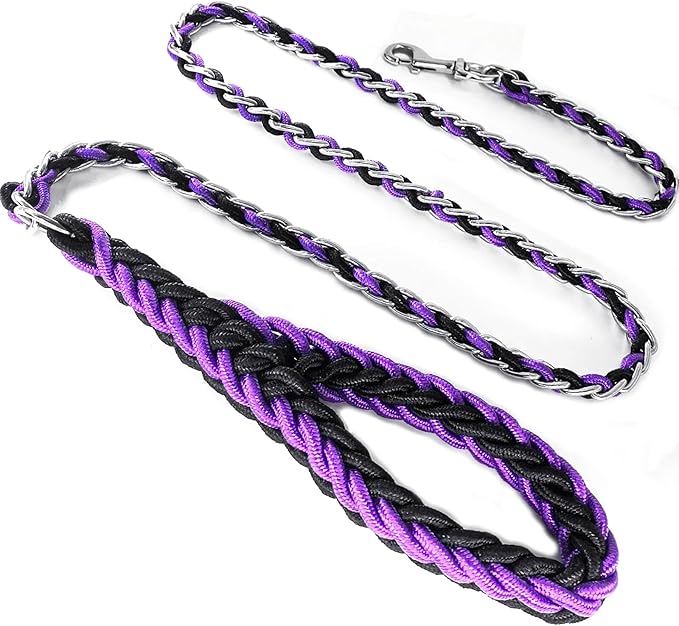Dog Leash Rope Chain, Nylon Rope Metal Chain for Pet Leads. 6ft Heavy Duty Chew Proof Training Walking for Medium Large Dogs. (Large, Purple&Black)