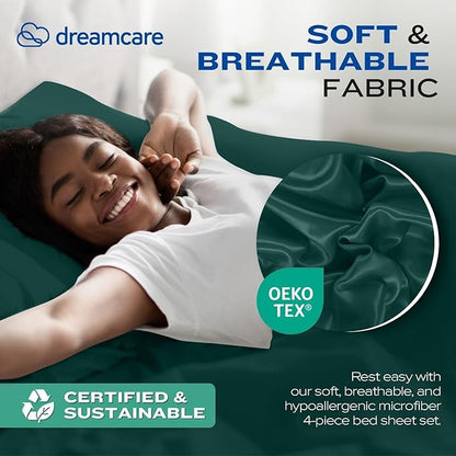 DREAMCARE Full Size Sheets Set - 4 Pcs Cooling Bed Sheets with Up to 15" Deep Pockets - Soft, Long-Lasting 100% Brushed Polyester with Side Pocket (Emerald Green)