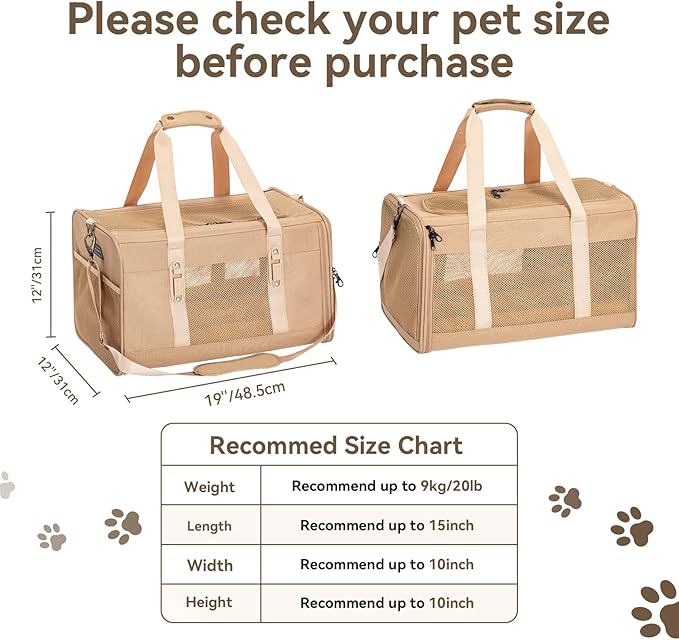 Petsfit 19x12x12 Pet Carrier for Large Cats (up to 20 lbs), Soft-Sided Small Dog Travel Carrier, Upgraded with Patented Buckle and Soft Padding, Ideal for Car Road Trips,Khaki-Mewly Pet