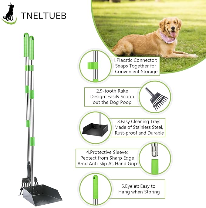 TNELTUEB Extra Large Dog Pooper Scooper, Metal Pet Poop Tray & Rake Set, Adjustable Long Handle for Large Dogs - Great for Grass/Street/Gravel-Mewly Pet