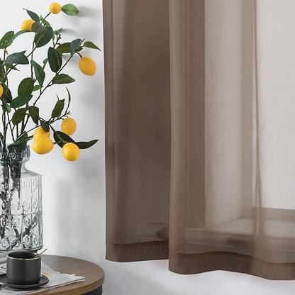 DUALIFE 2 Piece Semi Chocoalate Brown Sheer Curtains 63 inches Long Voile Panels Light Filtering Drapes Grommet Curtain Sheers for Living Room Transparent Bedroom 52x63 Inch Dark Brown
