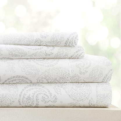 Linen Market Double-Brushed Patterned Microfiber Queen Sheet Set 4 Piece – Oeko-TEX Certified Ultra Soft & Wrinkle-Free - 16" Deep Pocket Sheets - Easy Care Queen Size - Coarse Paisley Light Gray