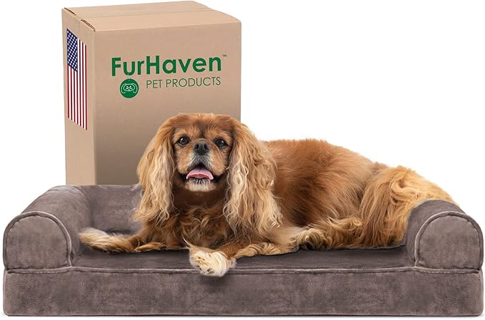 Furhaven Cooling Gel Dog Bed for Medium/Small Dogs w/ Removable Bolsters & Washable Cover, For Dogs Up to 35 lbs - Faux Fur & Velvet Sofa - Driftwood Brown, Medium-Mewly Pet