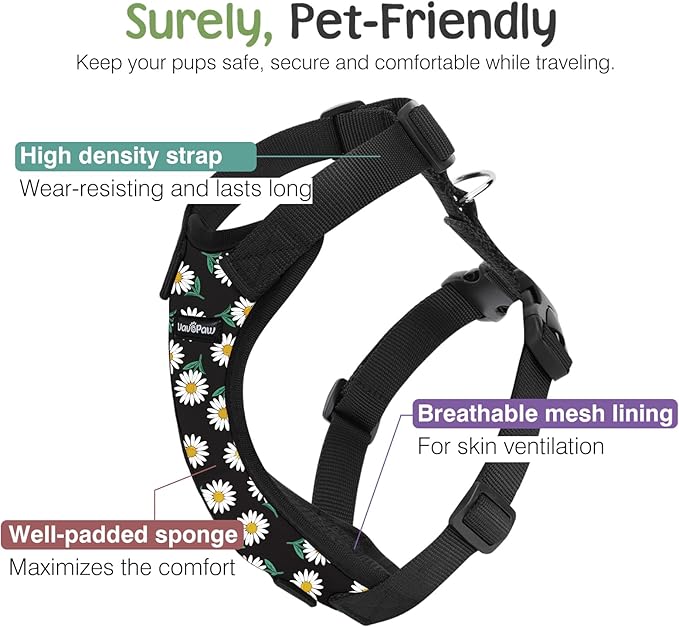 Dog Seat Belt, Safety Vest Dog Car Harness with Adjustable Buckle Dog Seat Belt for Vehicle Nylon Pet Safety Seat Belts Heavy Duty(XL, Black Daisy)-Mewly Pet