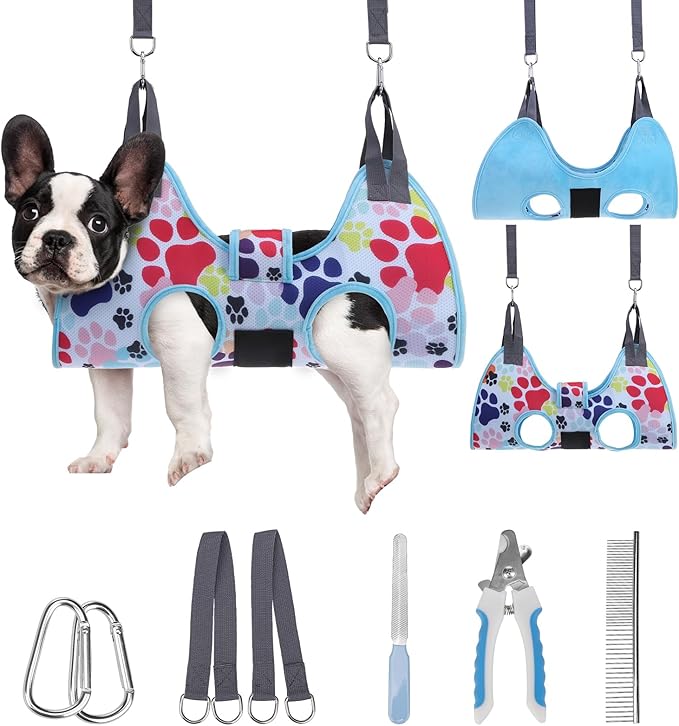PAWCHIE Dog Grooming Hammock Harness for Dogs & Cats with Pet Nail Clipper Trimmer - Cat Hanger Sling for Trimming Clipping Nails- Dog Hammock Restraint Bag for Small Medium Large Dog, Blue S-Mewly Pet