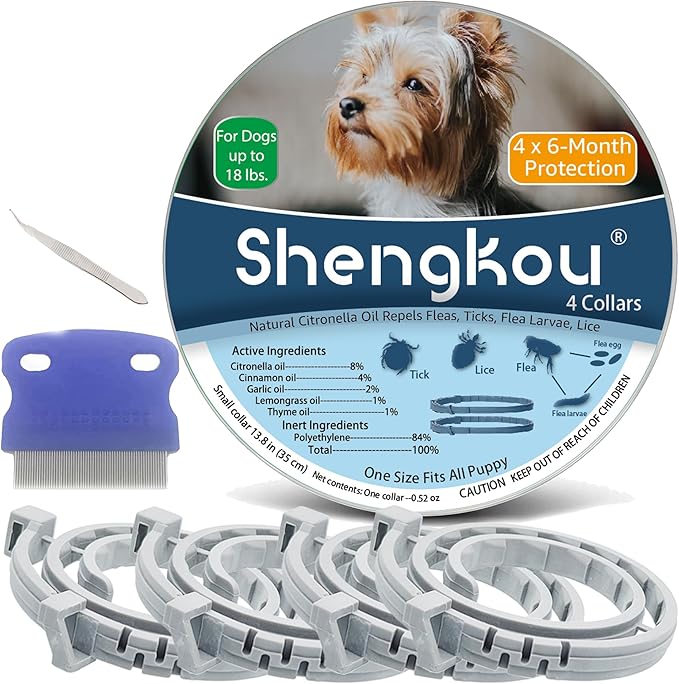 Natural Flea and Tick Collar for Puppies - Provides 24-Month Protection, Safe Pest Control - Waterproof and Strong - Includes Free Flea Comb and Tick Tweezer - 4-Pack-Mewly Pet
