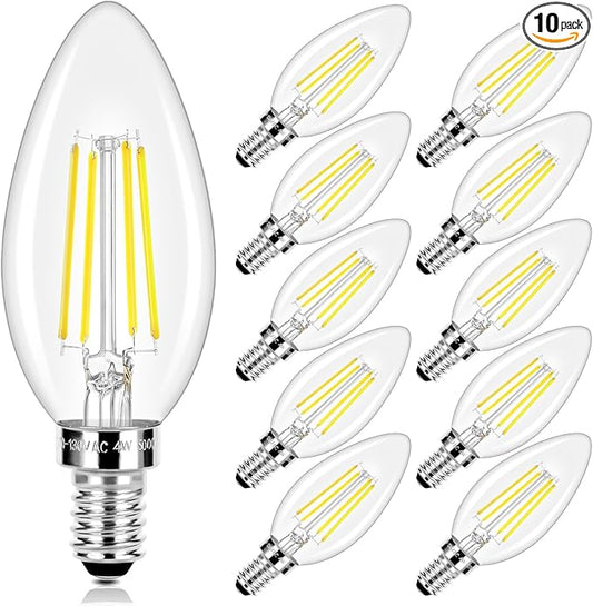 LED Candle Bulbs 40W Equivalent, E12 Candelabra Light Bulbs 4W 470Lm Clear Edison LED Bulb, Daylight White 5000K B11 Classic Bright Filament Bulbs, Dimmable Decorative Bulb for Lamps, Pack of 10