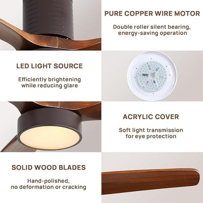 Sofucor 52 Inch Ceiling Fans with Lights, Indoor/Outdoor Ceiling Fan with Light and Remote, Quiet DC Reversible, Dimmable, Flush Mount, 3 Blade Solid Wood Ceiling Fans or Patio Bedroom Farmhouse