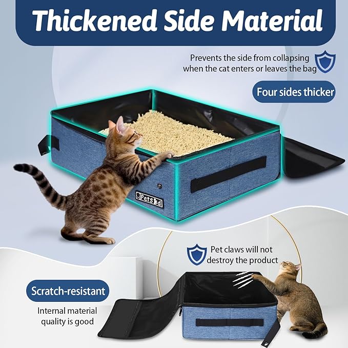 Petskd Portable Cat Travel Litter Box with Lid and 10 pcs Disposable Liner Bags, Leak-Proof and Collapsible, Cat Travel Essentials for Car, Hotel, Airplane and Other Outdoor Use(Blue)-Mewly Pet
